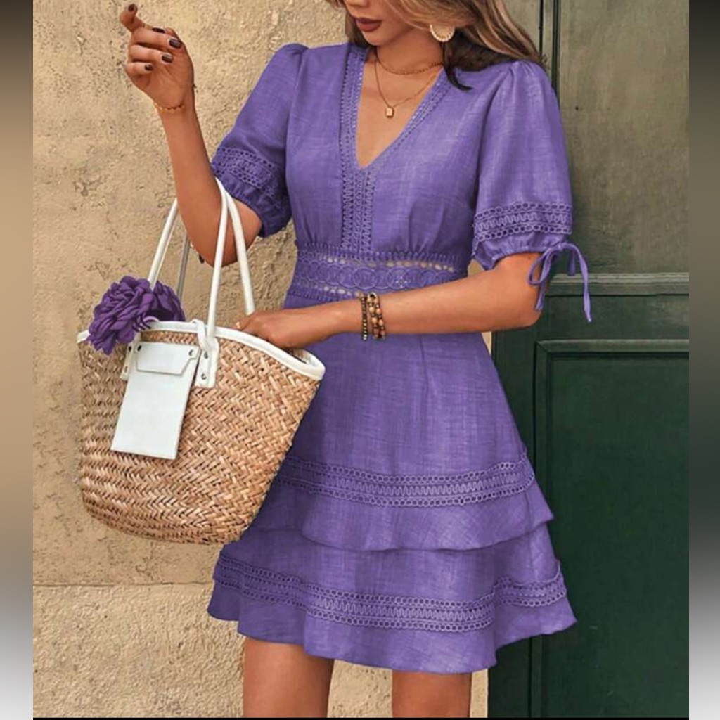 Elegant Purple Lace Trim Dress
